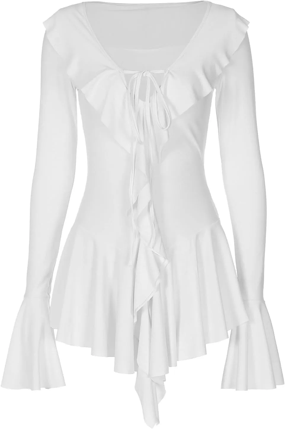 Women Sexy V Neck Tie Front Ruffle Mini Dress Autumn Long Sleeve Casual Slim Fit Solid Womens Fashion Casual