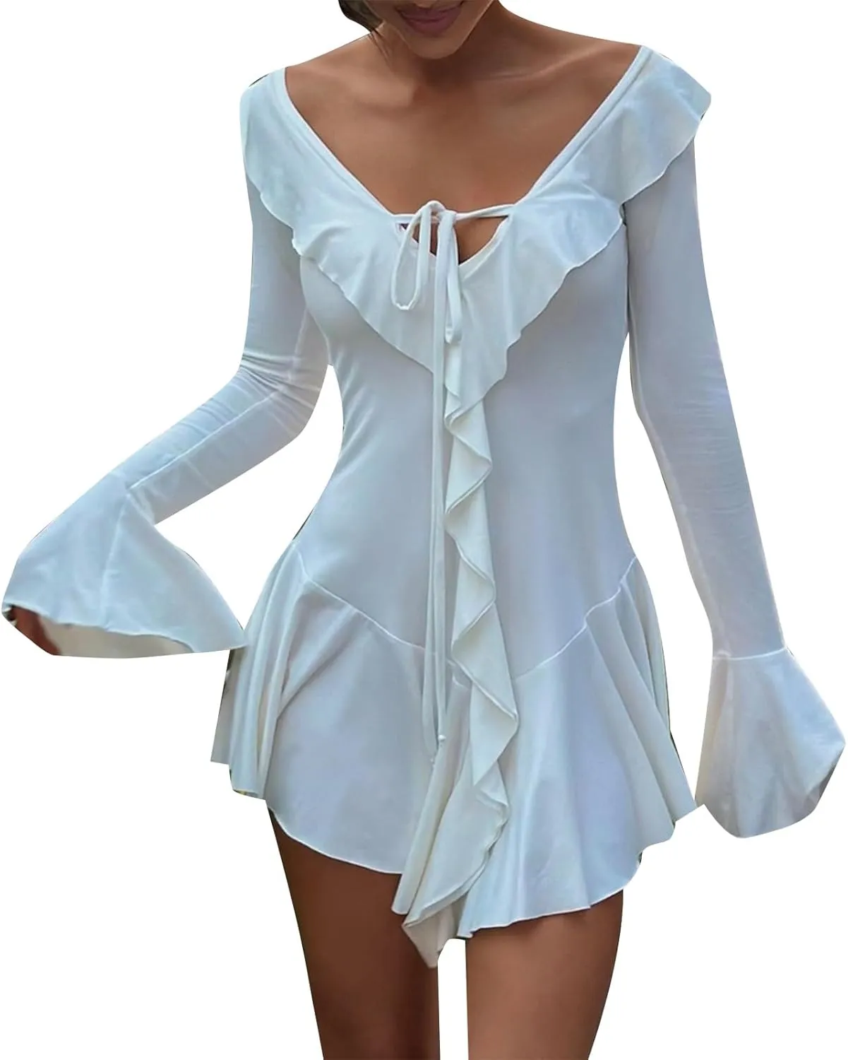 Women Sexy V Neck Tie Front Ruffle Mini Dress Autumn Long Sleeve Casual Slim Fit Solid Womens Fashion Casual
