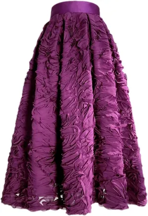 Women Simple Dark Reddish Mesh Lace Embroidery High Waist Pleated Midi Skirt Birthday Party