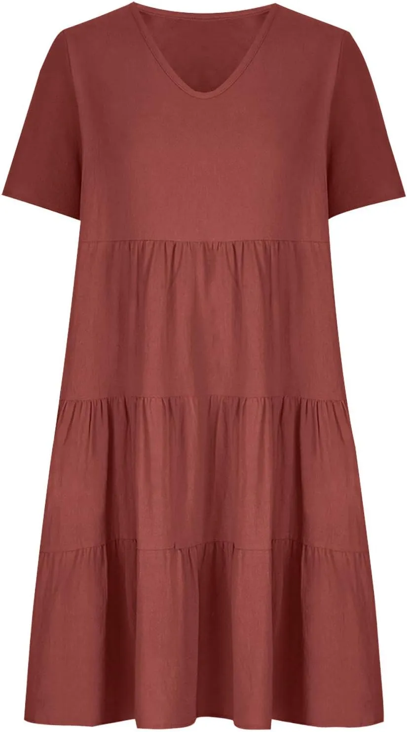 Women Summer Dress, Flowy Ruffle Hem V Neck Swing Dress Casual Short Sleeve A-Line Dress Plus Size Casual Mini Dress