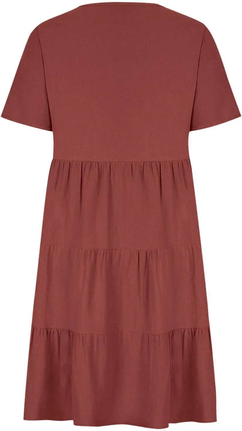 Women Summer Dress, Flowy Ruffle Hem V Neck Swing Dress Casual Short Sleeve A-Line Dress Plus Size Casual Mini Dress