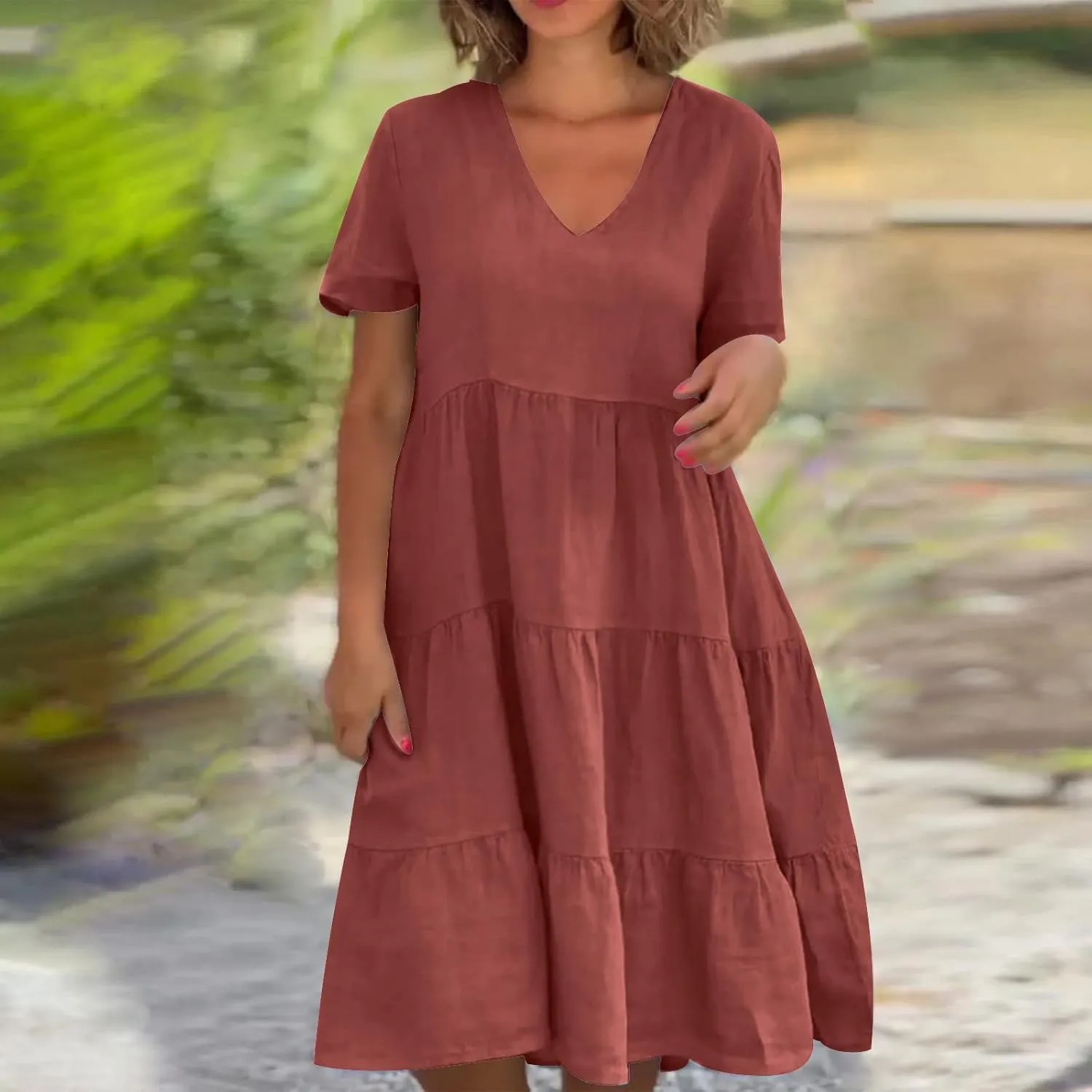 Women Summer Dress, Flowy Ruffle Hem V Neck Swing Dress Casual Short Sleeve A-Line Dress Plus Size Casual Mini Dress
