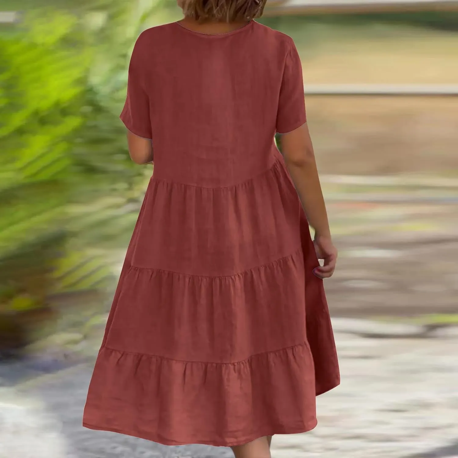 Women Summer Dress, Flowy Ruffle Hem V Neck Swing Dress Casual Short Sleeve A-Line Dress Plus Size Casual Mini Dress