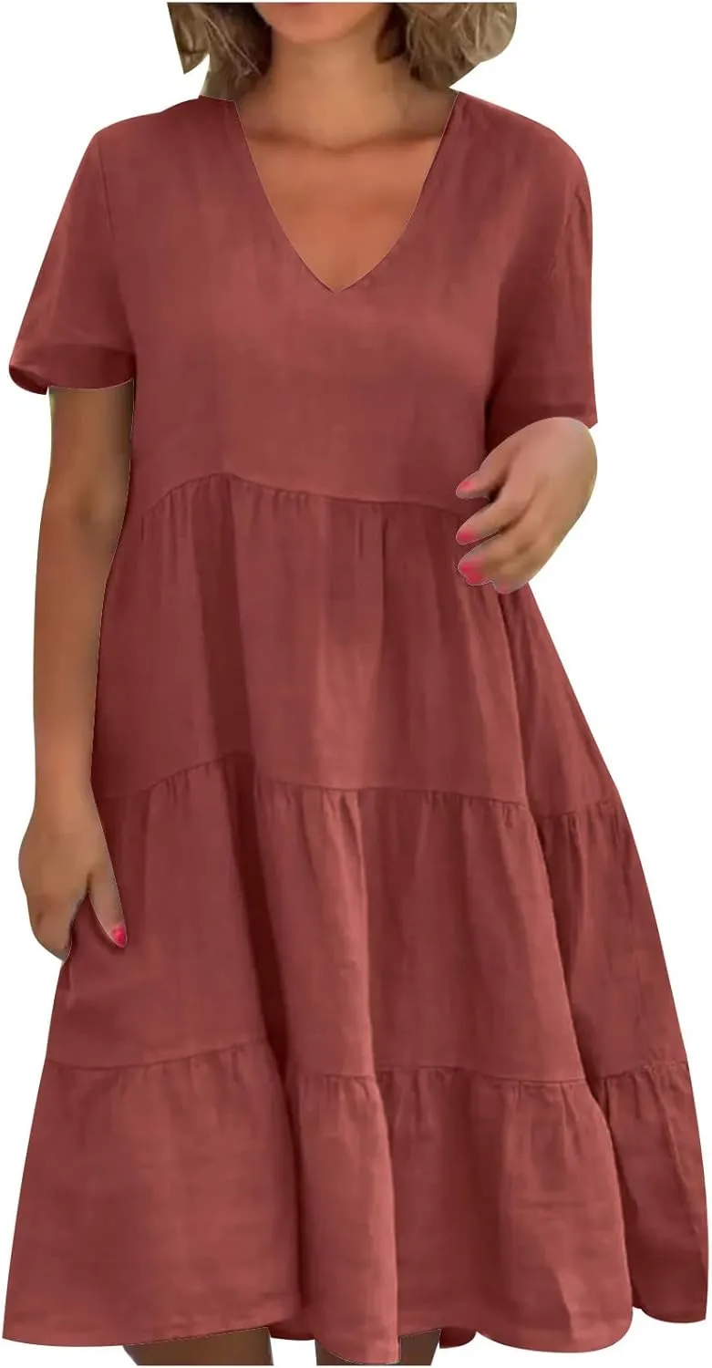 Women Summer Dress, Flowy Ruffle Hem V Neck Swing Dress Casual Short Sleeve A-Line Dress Plus Size Casual Mini Dress