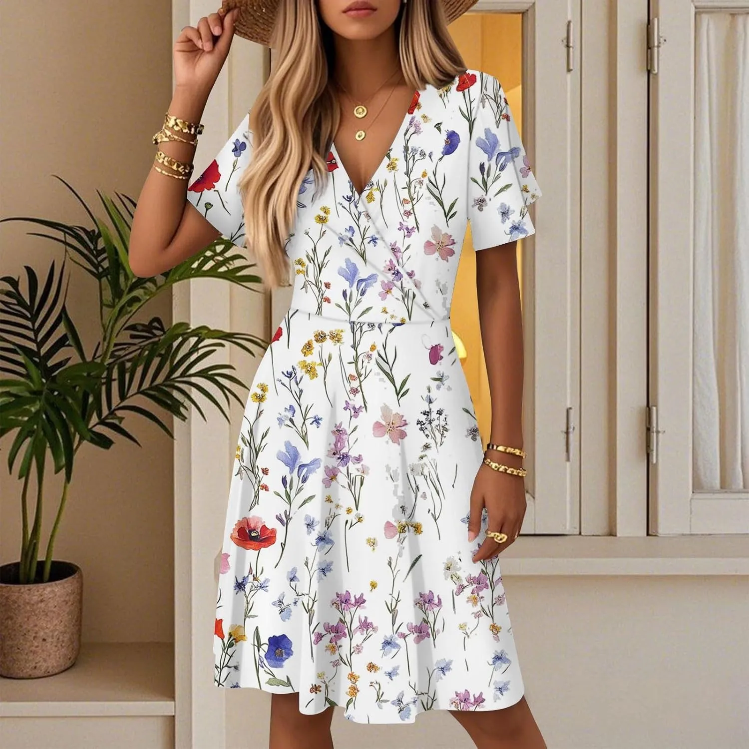 Women Summer Dresses 2025 Short Sleeve V Neck Tiered Ruffle Boho Swing Dress A-Line Floral Mini Dresses