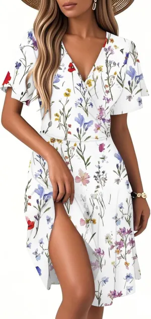 Women Summer Dresses 2025 Short Sleeve V Neck Tiered Ruffle Boho Swing Dress A-Line Floral Mini Dresses
