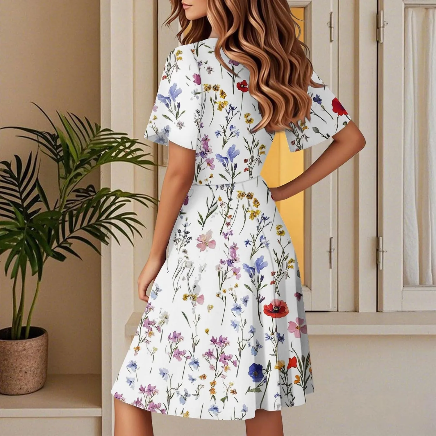 Women Summer Dresses 2025 Short Sleeve V Neck Tiered Ruffle Boho Swing Dress A-Line Floral Mini Dresses
