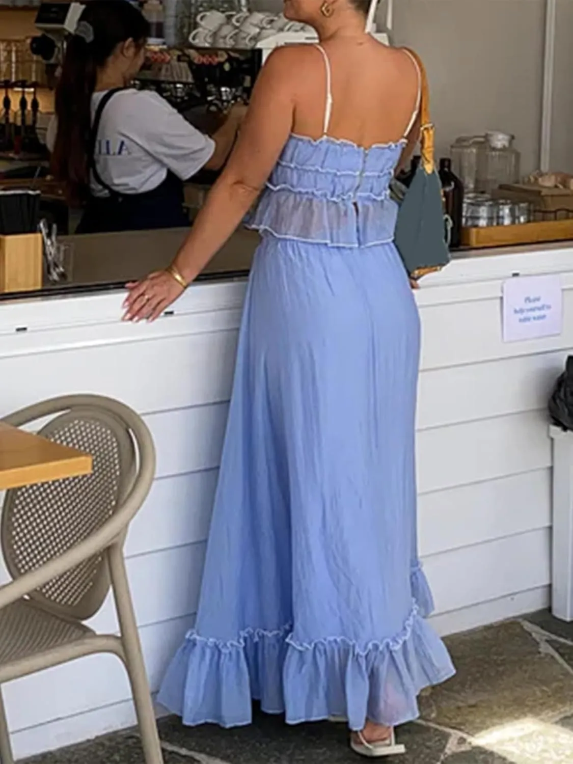 Women Summer Y2k Long Skirts 2 Piece Outfits Patchwork Front Tie-Up Ruched Ruffle Camisoles Maxi Skirts Set