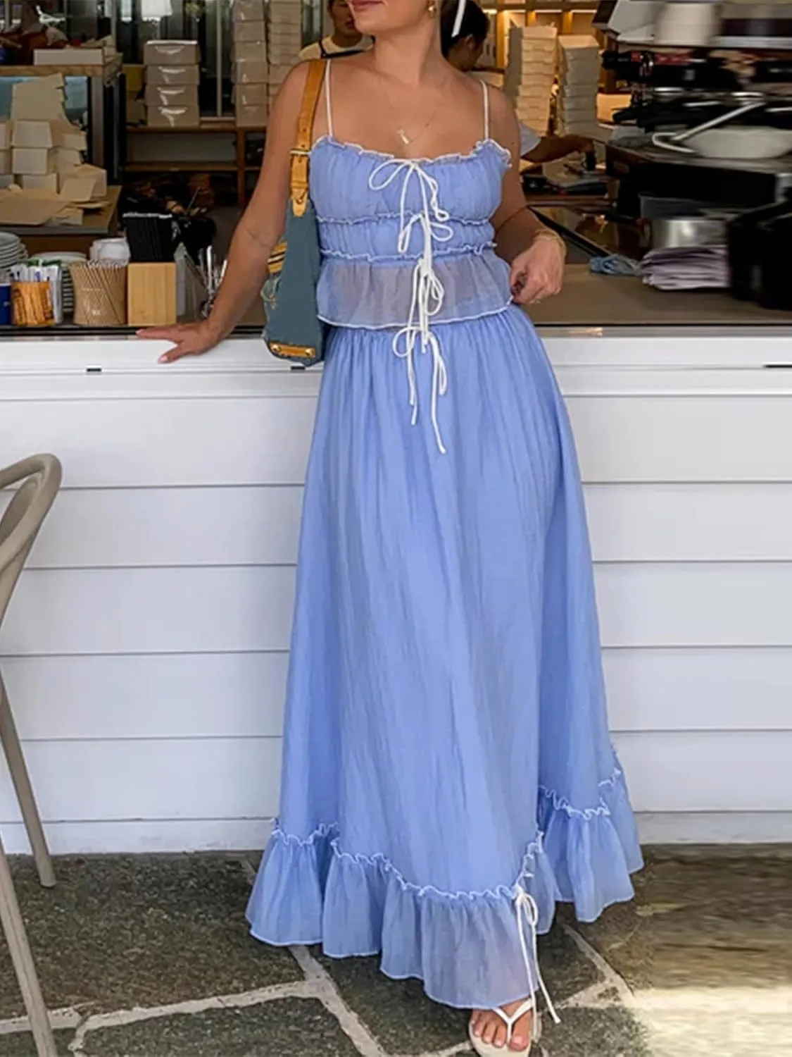 Women Summer Y2k Long Skirts 2 Piece Outfits Patchwork Front Tie-Up Ruched Ruffle Camisoles Maxi Skirts Set