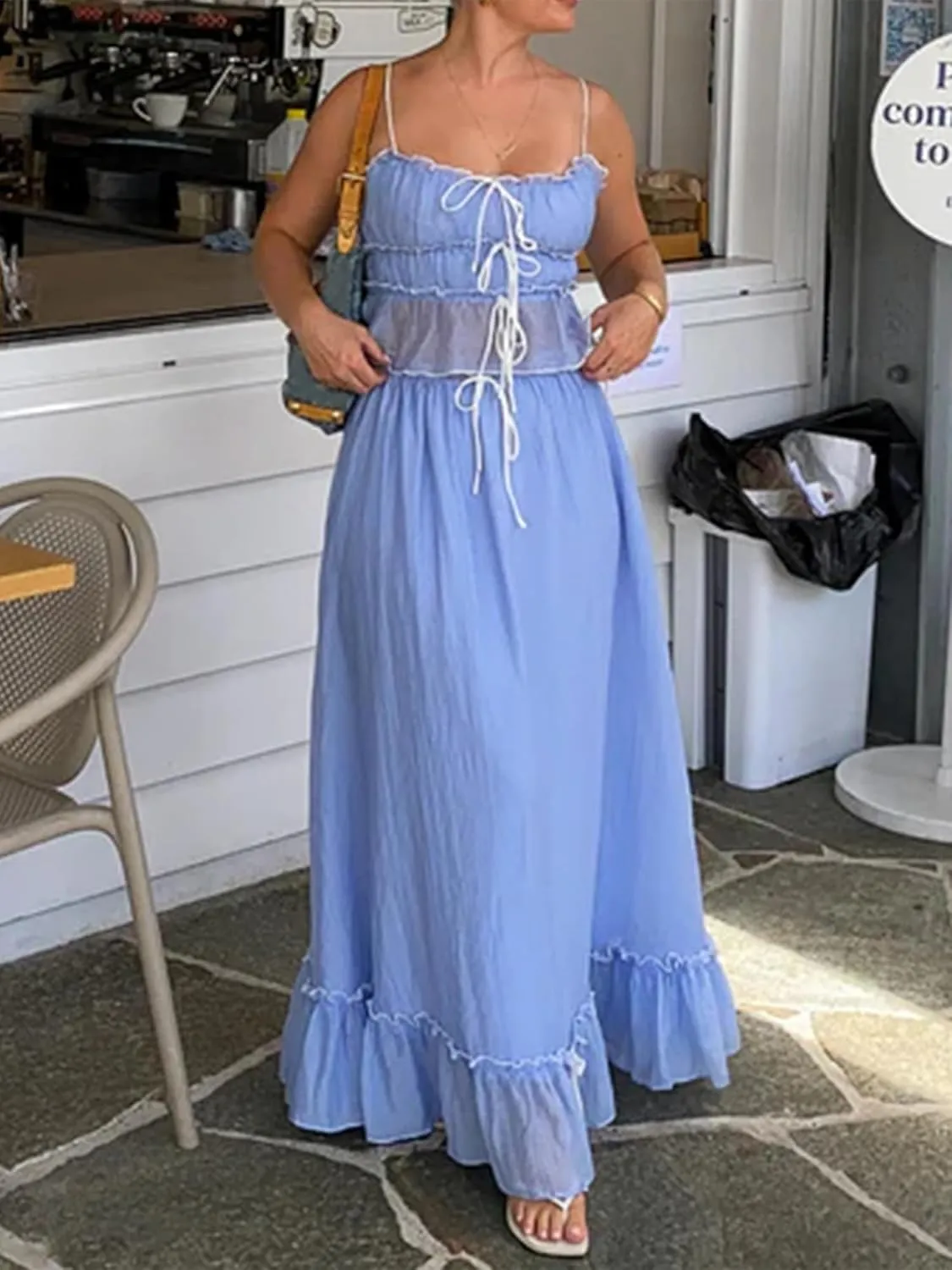 Women Summer Y2k Long Skirts 2 Piece Outfits Patchwork Front Tie-Up Ruched Ruffle Camisoles Maxi Skirts Set