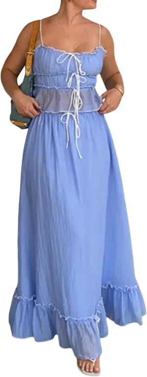 Women Summer Y2k Long Skirts 2 Piece Outfits Patchwork Front Tie-Up Ruched Ruffle Camisoles Maxi Skirts Set