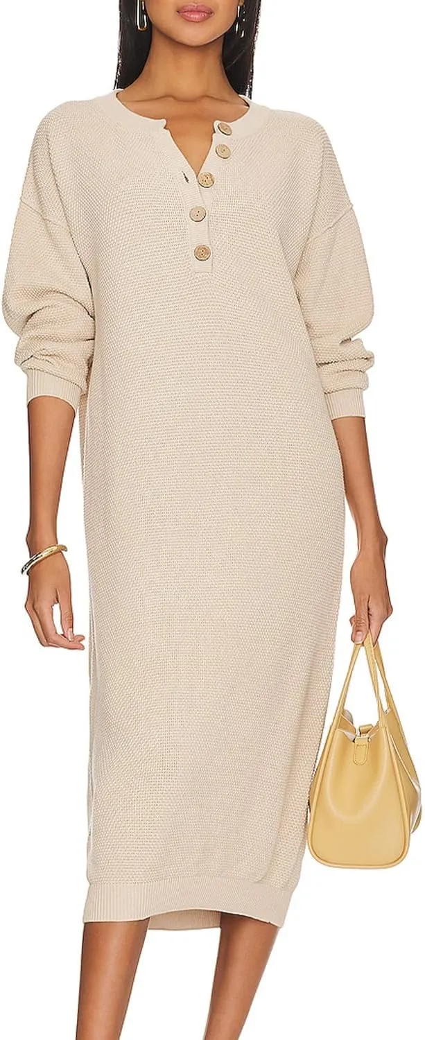 Women Sweater Maxi Dress Long Sleeve Button V Neck Oversized Casual Loose Waffle Knit Sweater Dress