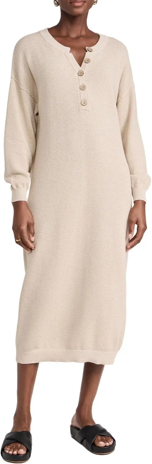 Women Sweater Maxi Dress Long Sleeve Button V Neck Oversized Casual Loose Waffle Knit Sweater Dress