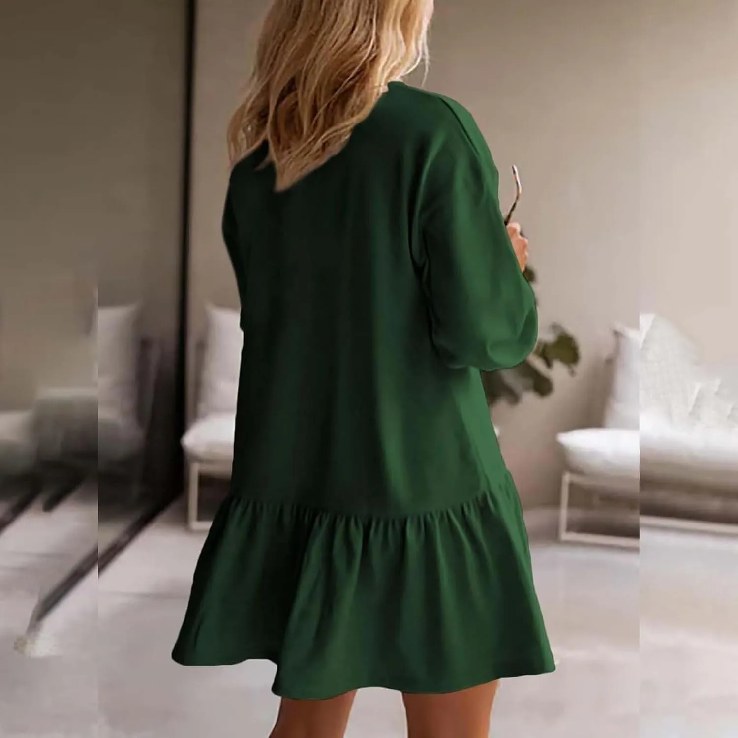 Women Sweatshirt Dress Long Sleeve Crewneck Pullover Fall Babydoll Dressy Tops Flowy Ruffled Sweatshirt Mini Dresses