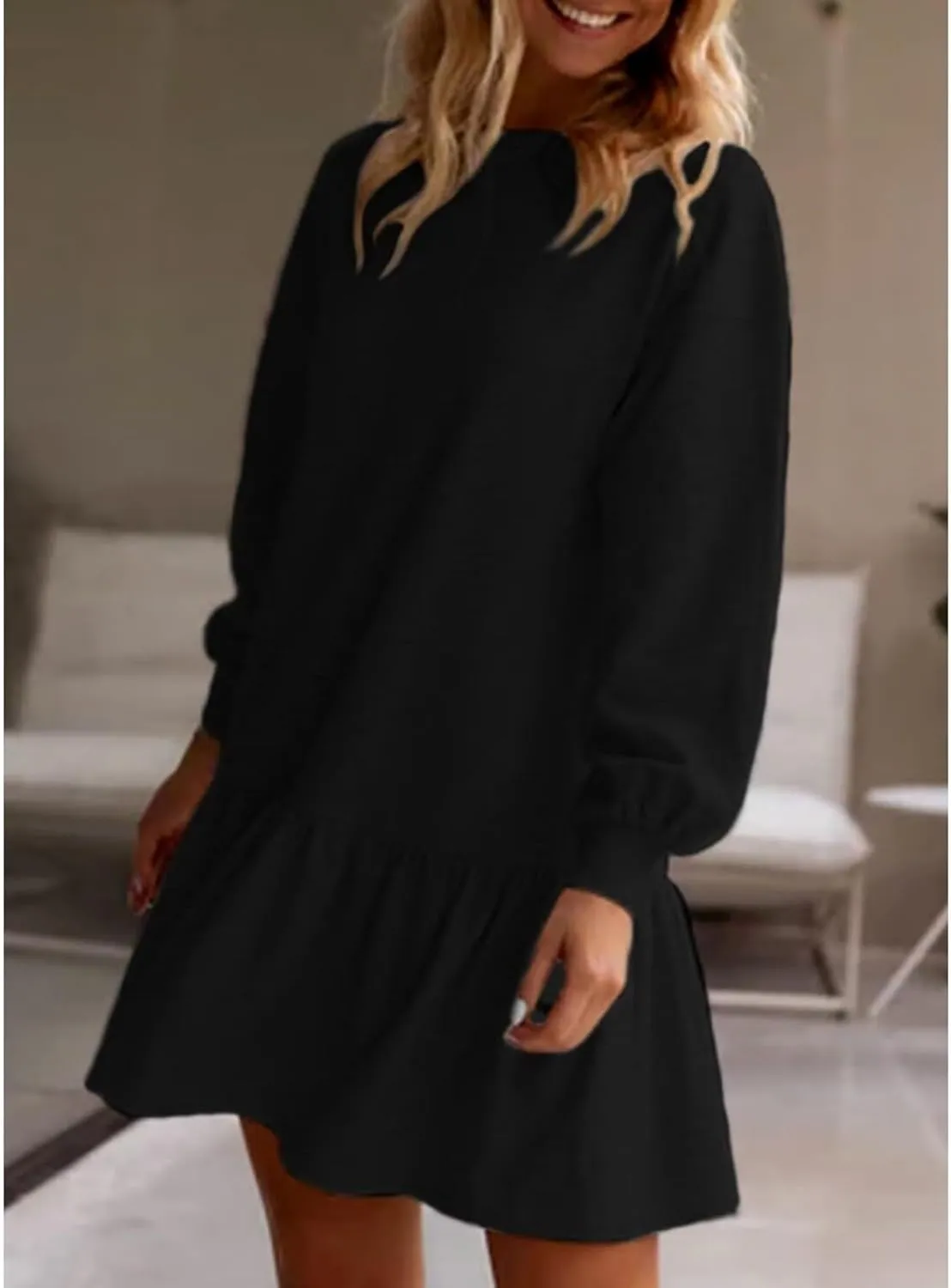 Women Sweatshirt Dress Long Sleeve Crewneck Pullover Fall Babydoll Dressy Tops Flowy Ruffled Sweatshirt Mini Dresses