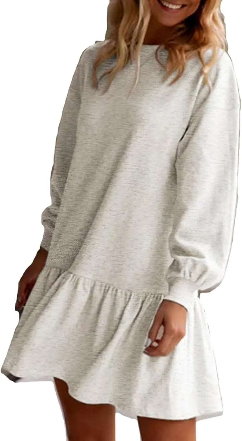 Women Sweatshirt Dress Long Sleeve Crewneck Pullover Fall Babydoll Dressy Tops Flowy Ruffled Sweatshirt Mini Dresses