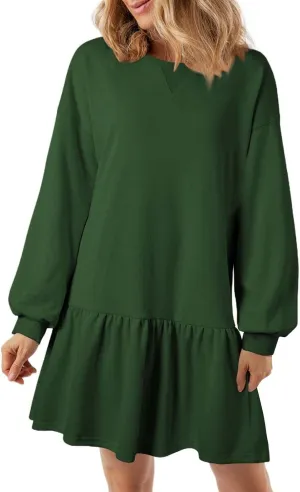 Women Sweatshirt Dress Long Sleeve Crewneck Pullover Fall Babydoll Dressy Tops Flowy Ruffled Sweatshirt Mini Dresses