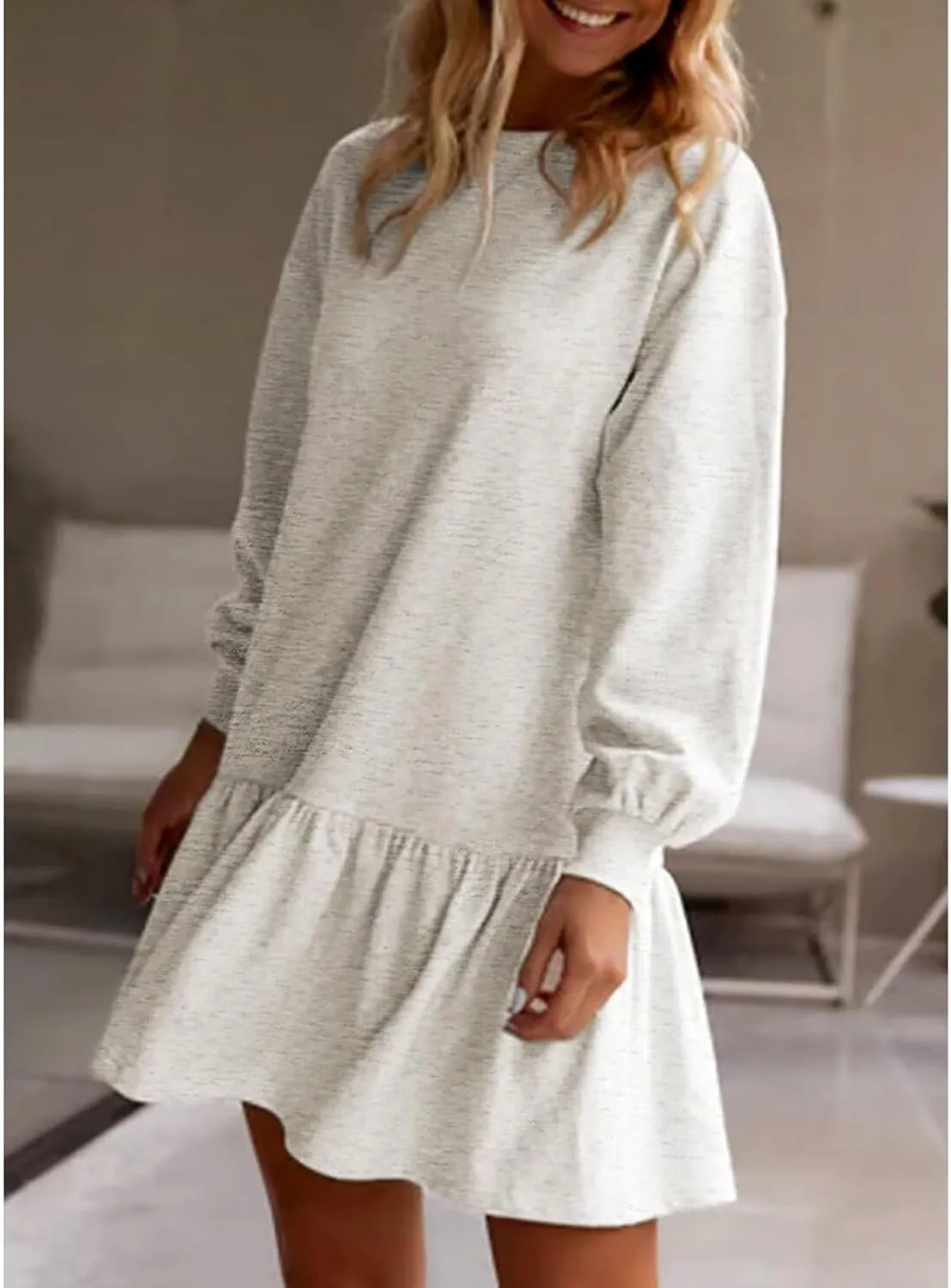 Women Sweatshirt Dress Long Sleeve Crewneck Pullover Fall Babydoll Dressy Tops Flowy Ruffled Sweatshirt Mini Dresses