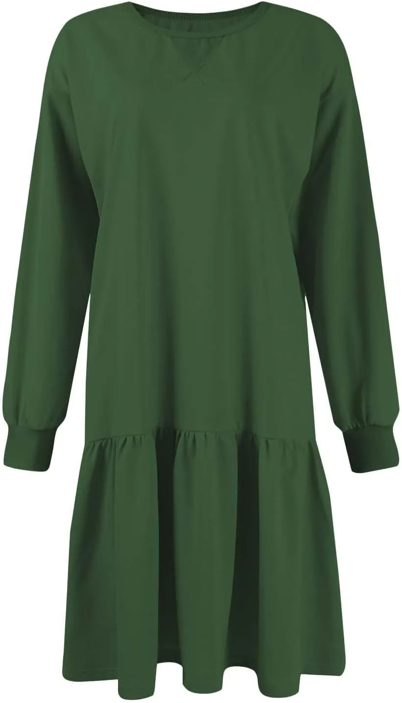 Women Sweatshirt Dress Long Sleeve Crewneck Pullover Fall Babydoll Dressy Tops Flowy Ruffled Sweatshirt Mini Dresses