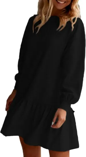 Women Sweatshirt Dress Long Sleeve Crewneck Pullover Fall Babydoll Dressy Tops Flowy Ruffled Sweatshirt Mini Dresses