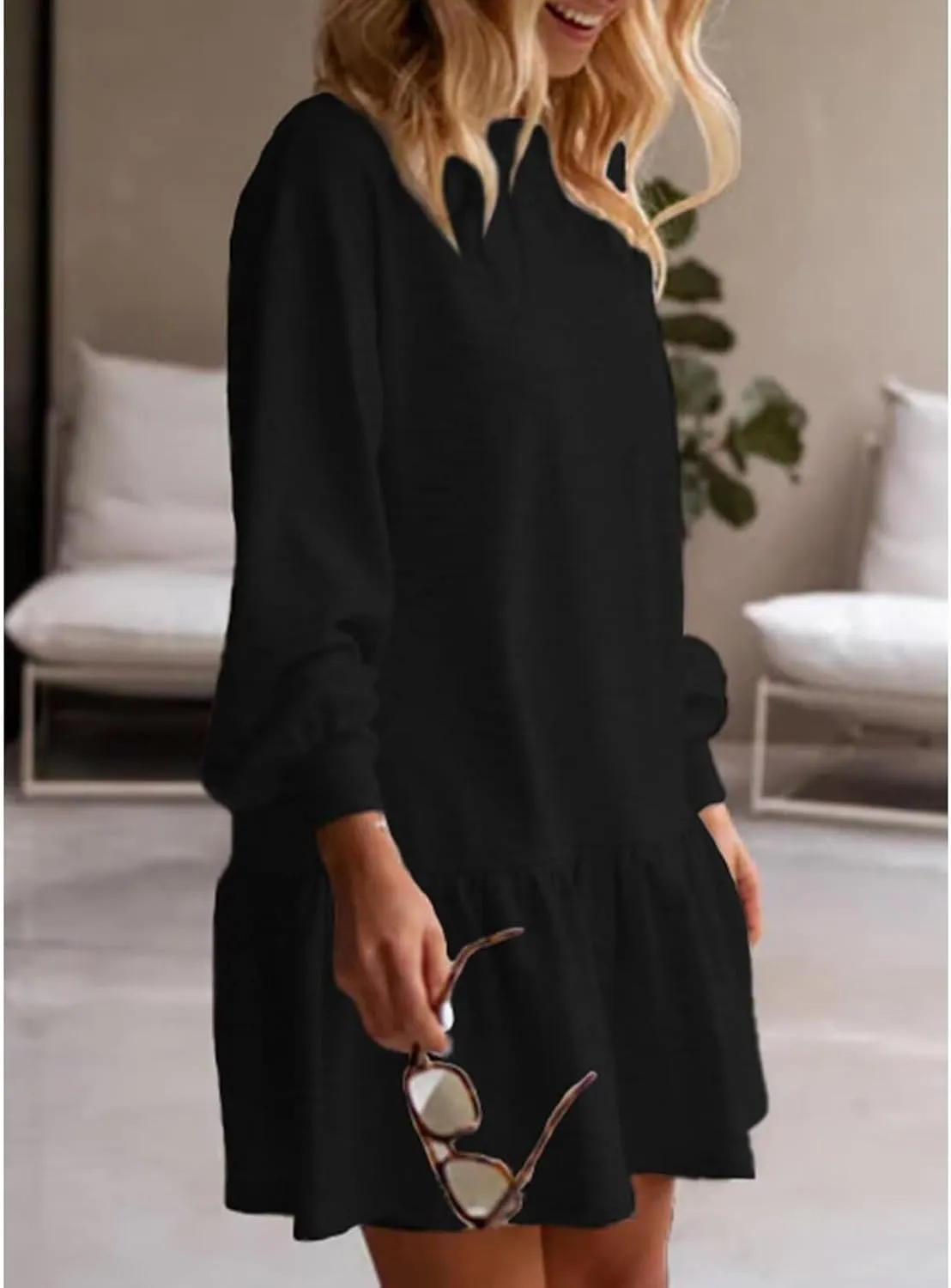 Women Sweatshirt Dress Long Sleeve Crewneck Pullover Fall Babydoll Dressy Tops Flowy Ruffled Sweatshirt Mini Dresses