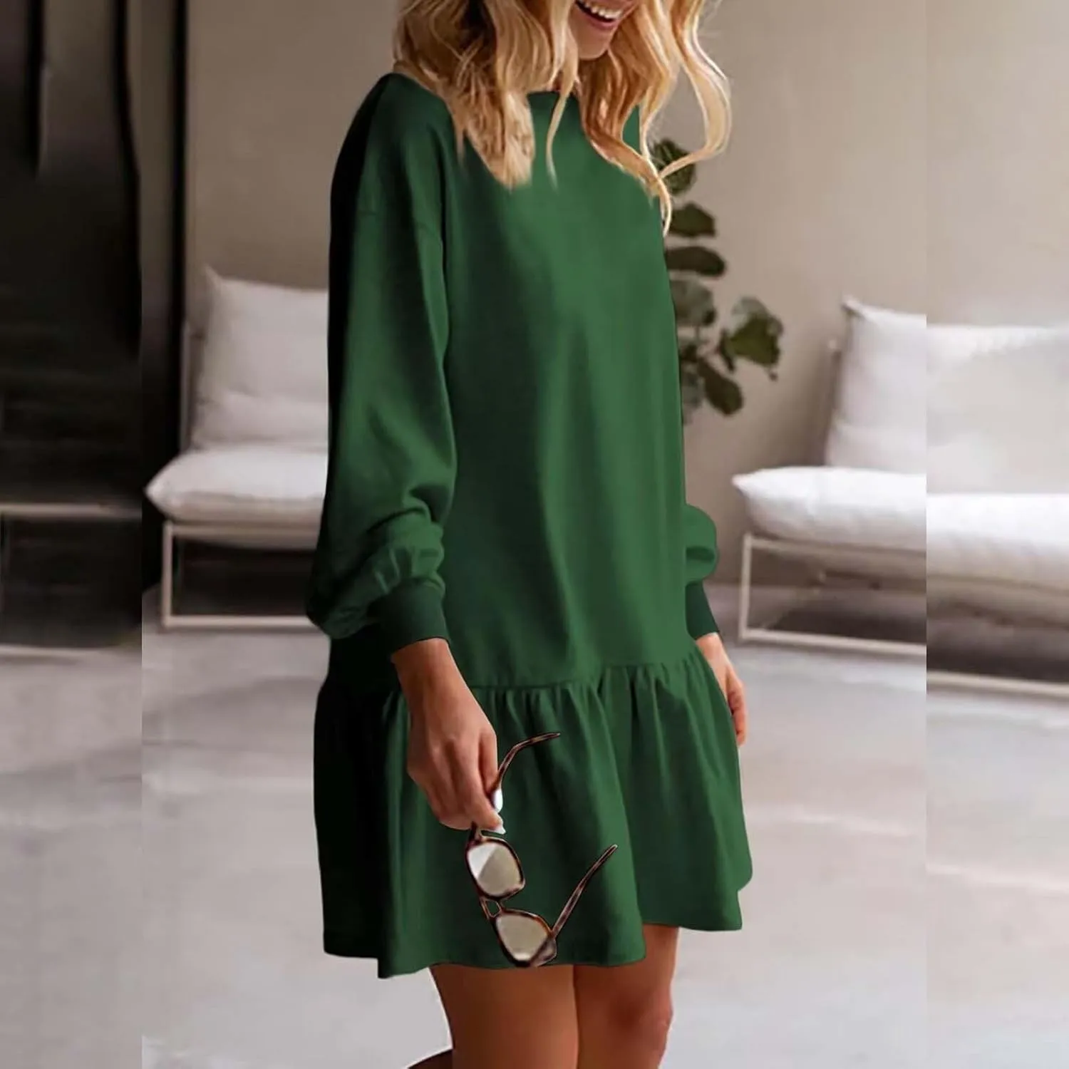 Women Sweatshirt Dress Long Sleeve Crewneck Pullover Fall Babydoll Dressy Tops Flowy Ruffled Sweatshirt Mini Dresses