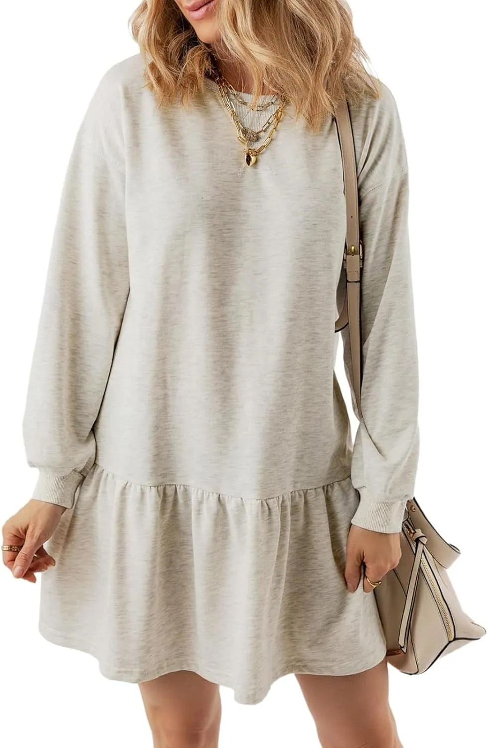 Women Sweatshirt Dress Long Sleeve Crewneck Pullover Fall Babydoll Dressy Tops Flowy Ruffled Sweatshirt Mini Dresses