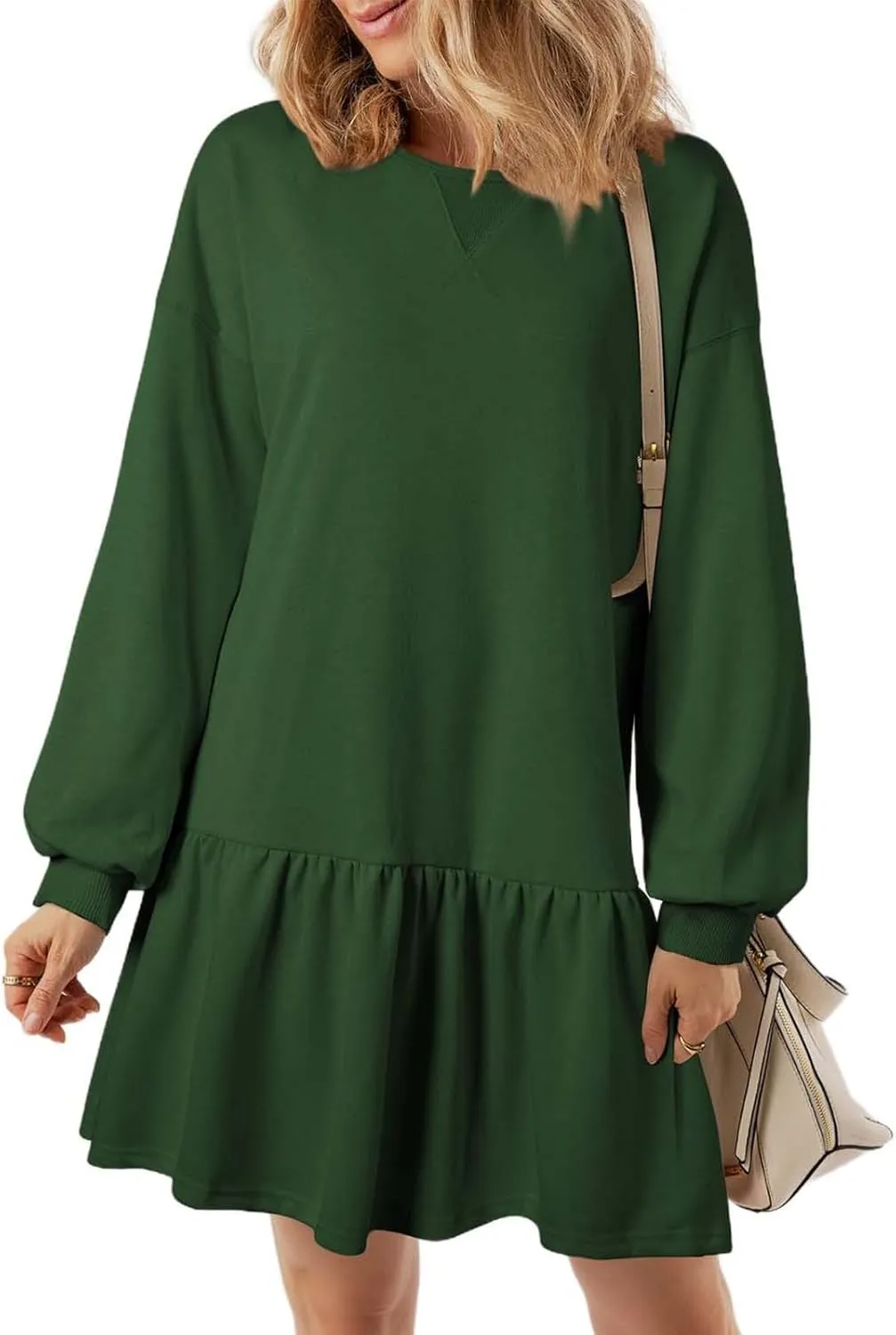 Women Sweatshirt Dress Long Sleeve Crewneck Pullover Fall Babydoll Dressy Tops Flowy Ruffled Sweatshirt Mini Dresses