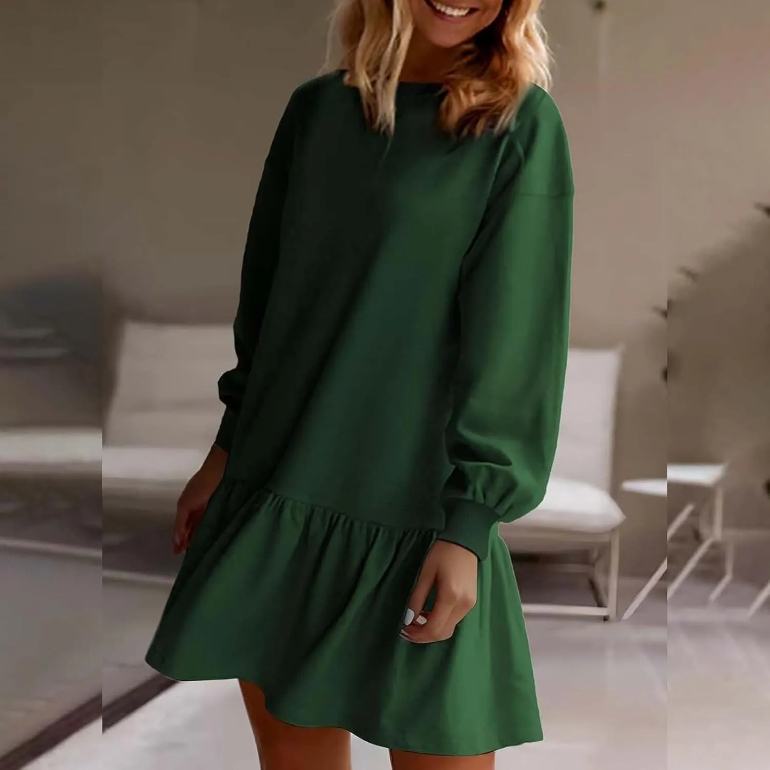 Women Sweatshirt Dress Long Sleeve Crewneck Pullover Fall Babydoll Dressy Tops Flowy Ruffled Sweatshirt Mini Dresses