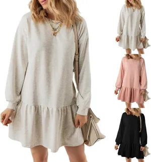 Women Sweatshirt Dress Long Sleeve Crewneck Pullover Fall Babydoll Dressy Tops Flowy Ruffled Sweatshirt Mini Dresses