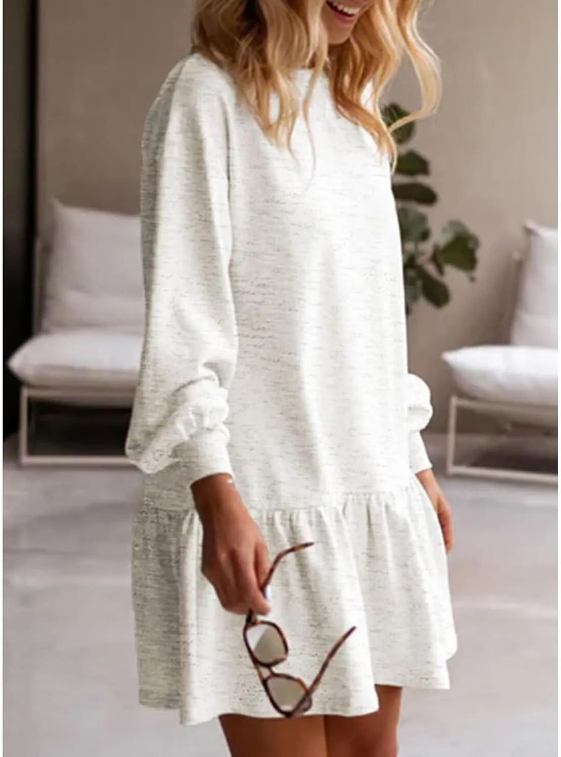 Women Sweatshirt Dress Long Sleeve Crewneck Pullover Fall Babydoll Dressy Tops Flowy Ruffled Sweatshirt Mini Dresses