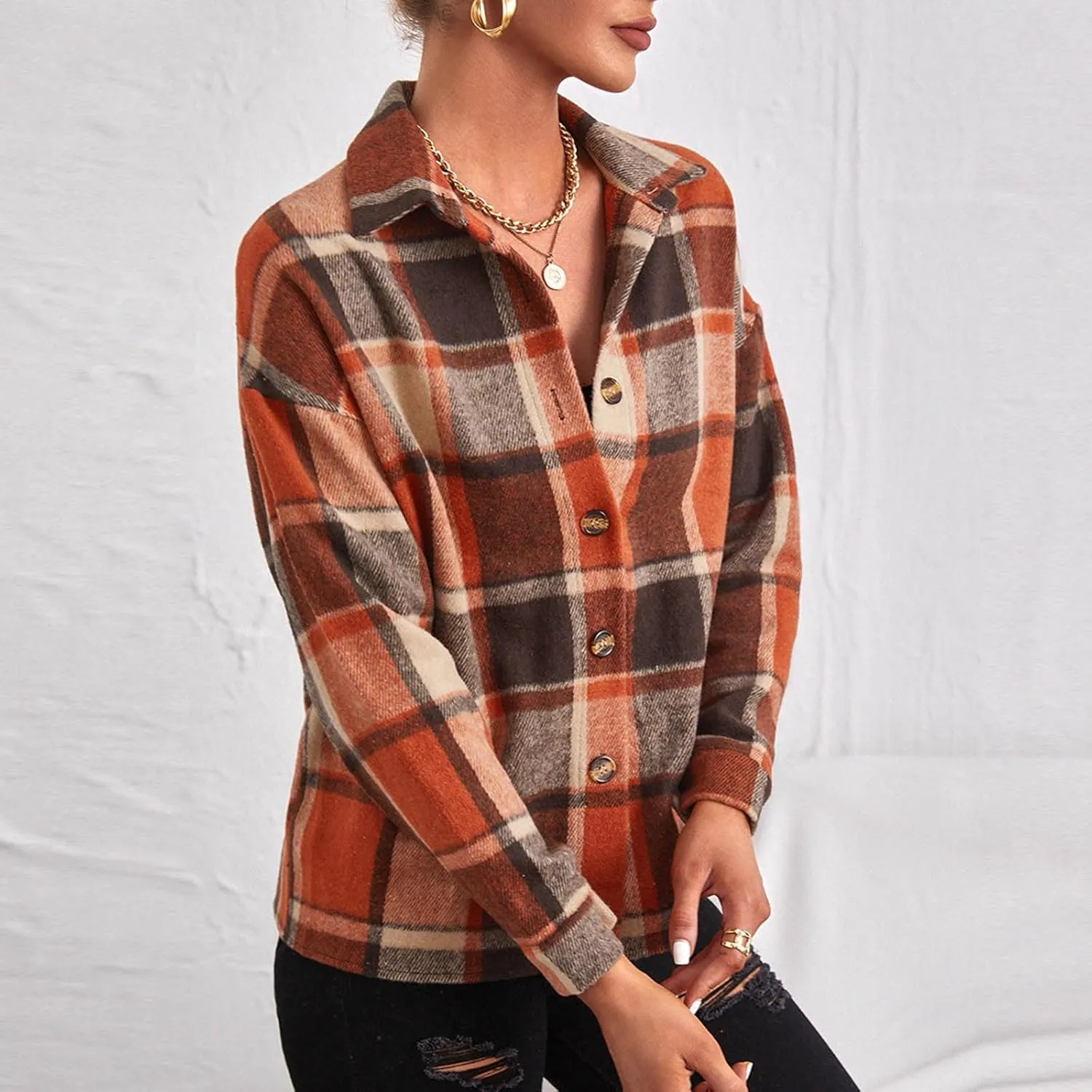 Women Trendy Plaid Woolen Coat Casual Autunm Winter Coats Printed Long Sleeve Turn-Down Collar Suit Cardigan Jacket