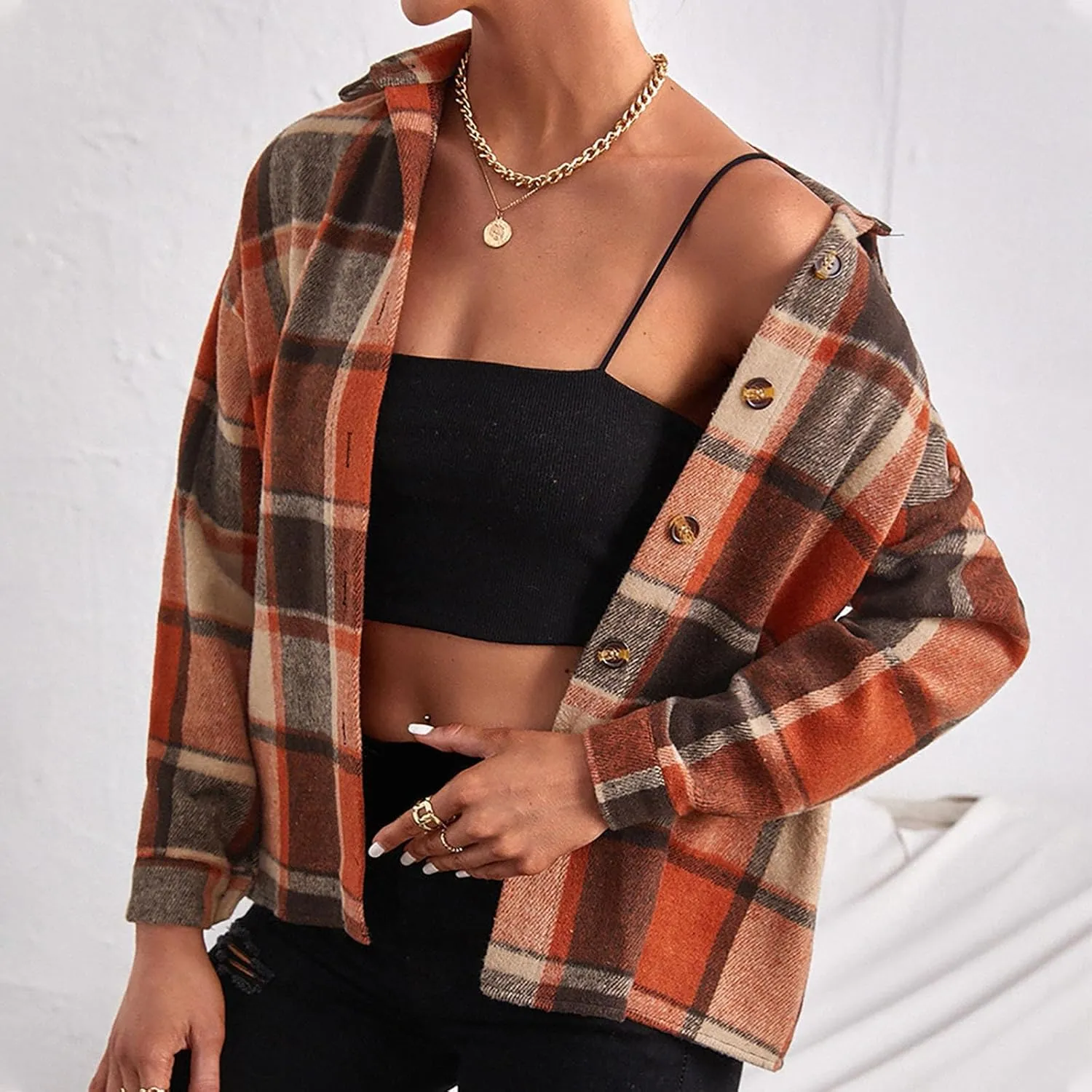 Women Trendy Plaid Woolen Coat Casual Autunm Winter Coats Printed Long Sleeve Turn-Down Collar Suit Cardigan Jacket