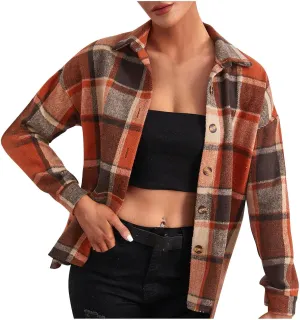 Women Trendy Plaid Woolen Coat Casual Autunm Winter Coats Printed Long Sleeve Turn-Down Collar Suit Cardigan Jacket