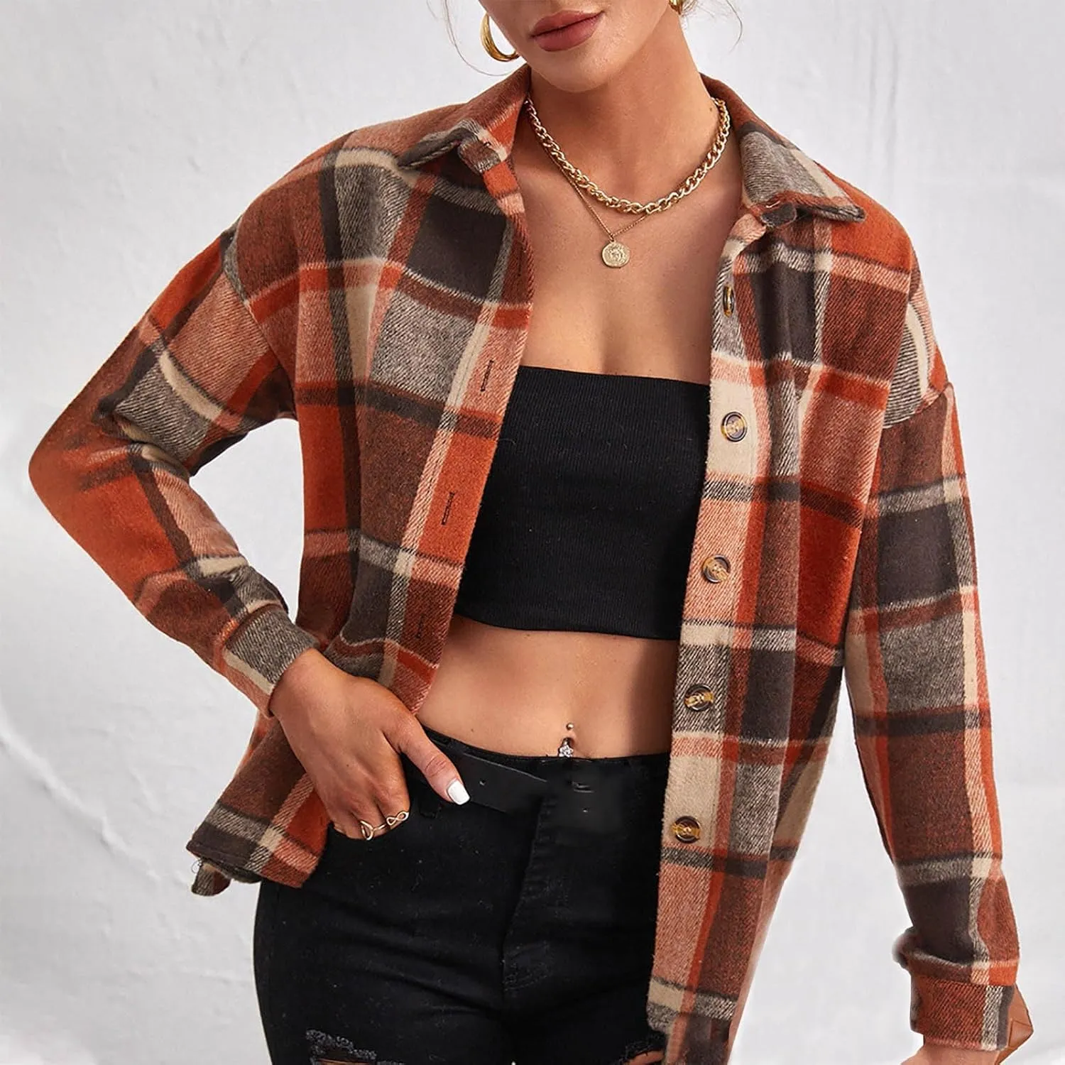 Women Trendy Plaid Woolen Coat Casual Autunm Winter Coats Printed Long Sleeve Turn-Down Collar Suit Cardigan Jacket