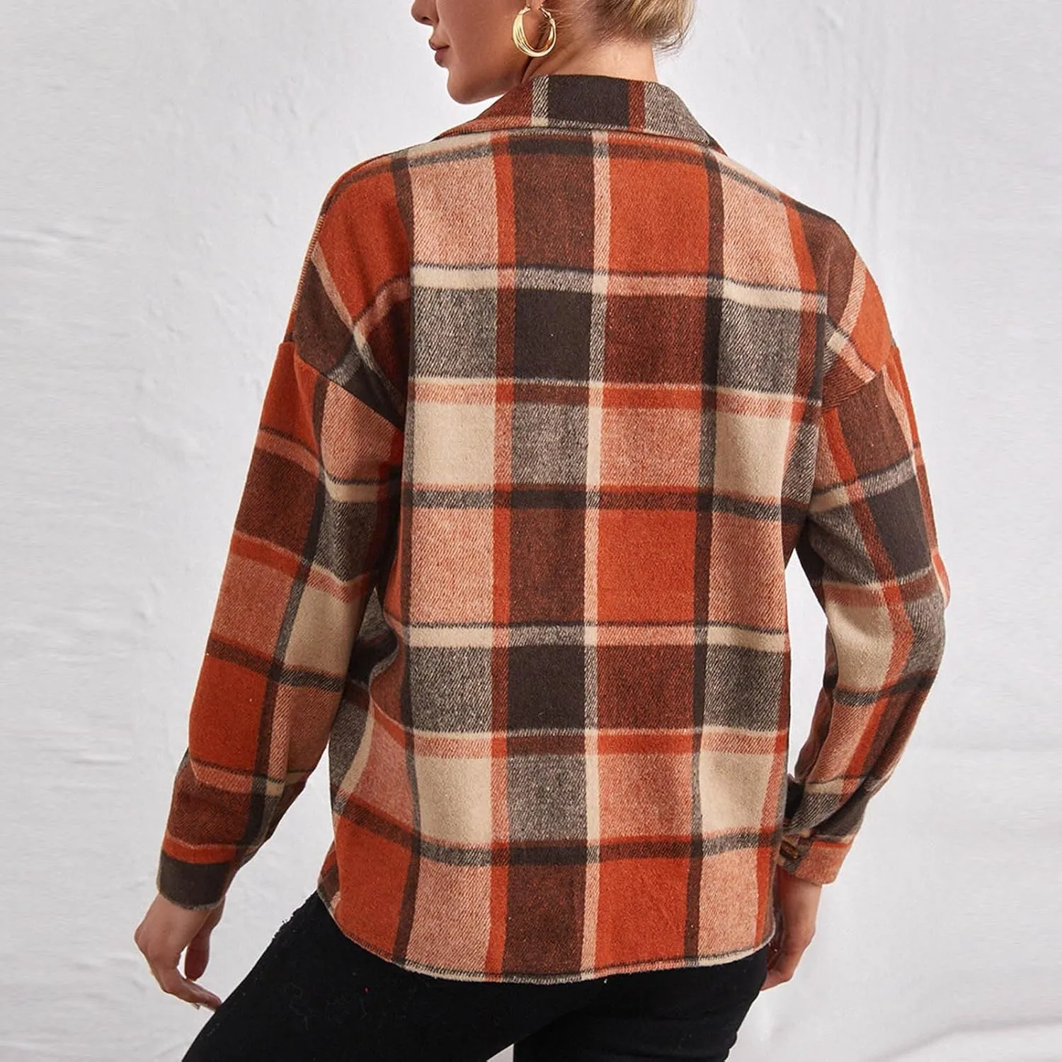 Women Trendy Plaid Woolen Coat Casual Autunm Winter Coats Printed Long Sleeve Turn-Down Collar Suit Cardigan Jacket