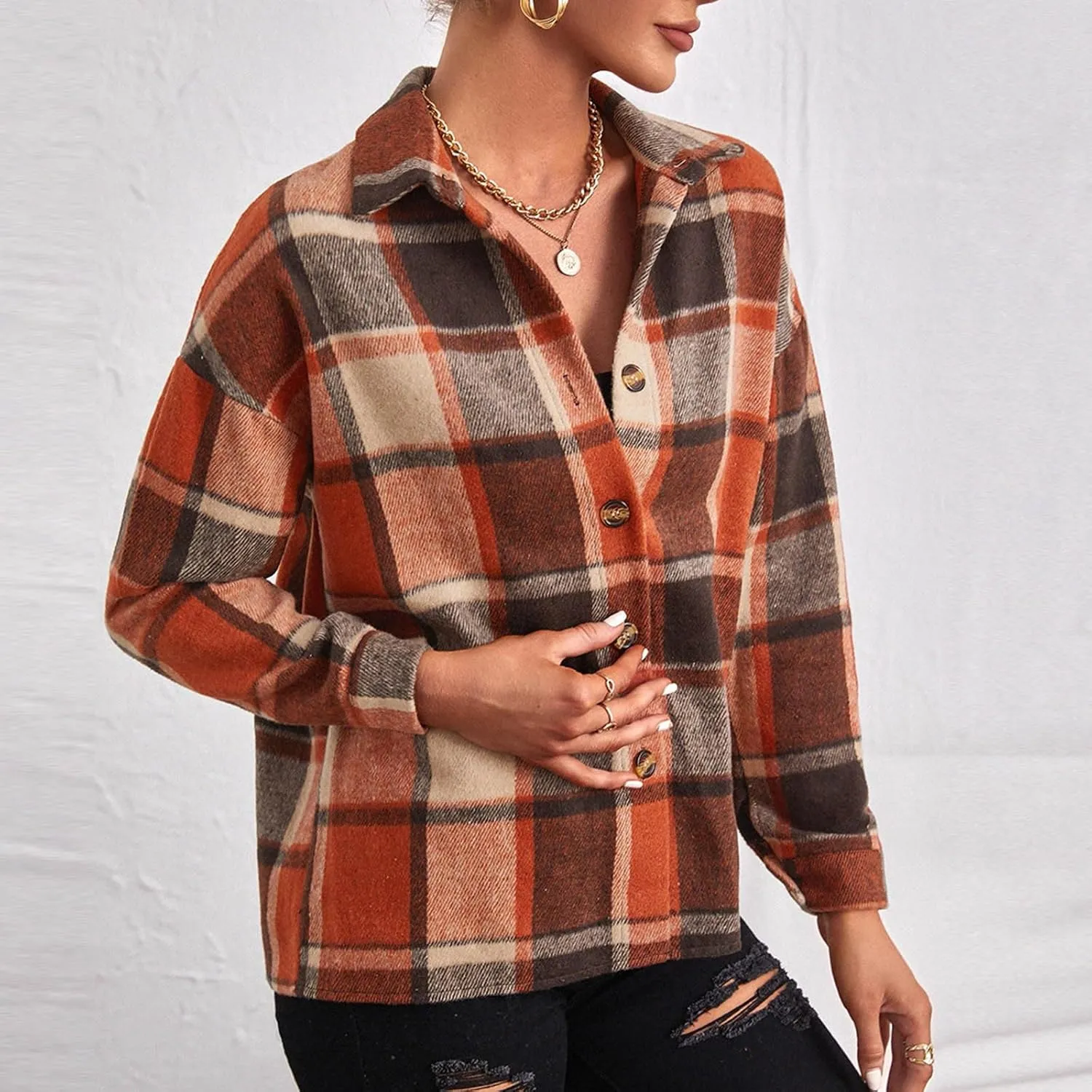 Women Trendy Plaid Woolen Coat Casual Autunm Winter Coats Printed Long Sleeve Turn-Down Collar Suit Cardigan Jacket