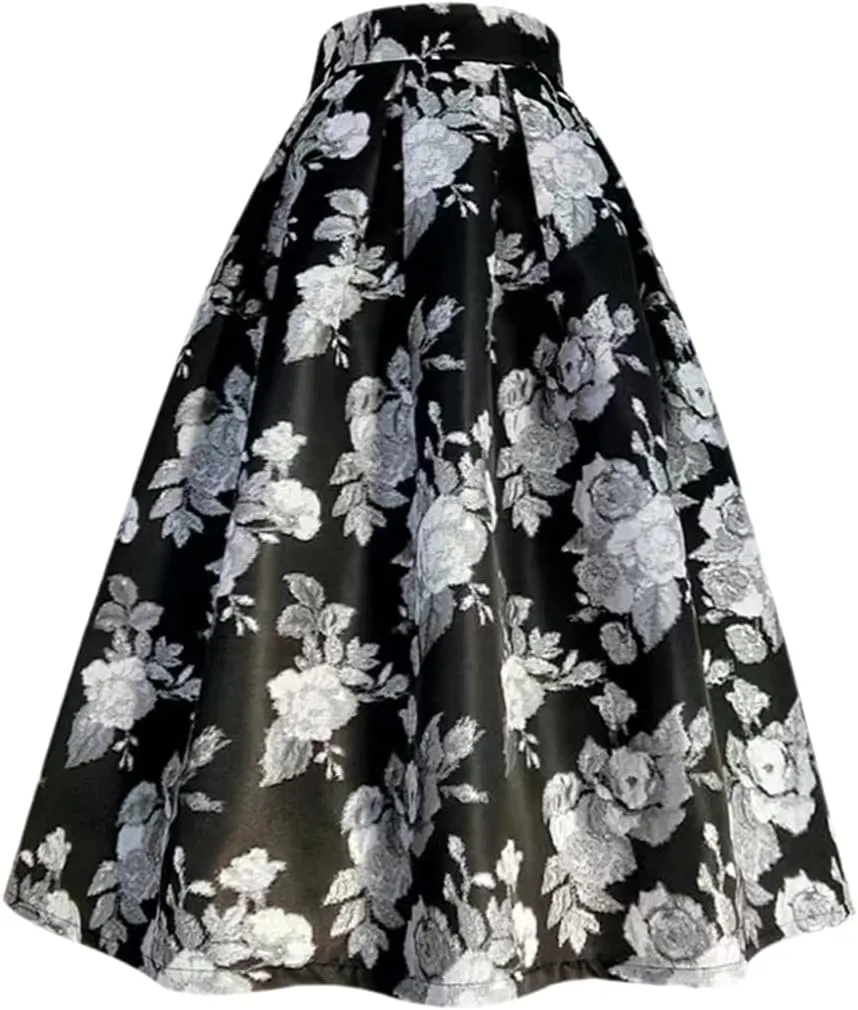 Women Vintage Elegant Black Floral Embroidery High Waist Pleated Long Puffy Midi Skirt Party