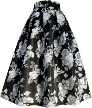 Women Vintage Elegant Black Floral Embroidery High Waist Pleated Long Puffy Midi Skirt Party