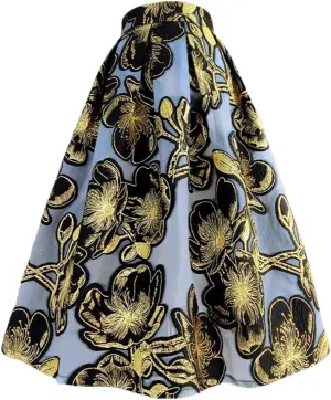 Women Vintage Elegant Floral Embroidery High Waist Long Puffy Pleated Midi Skirt