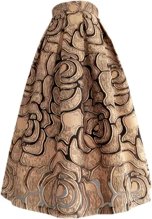 Women Vintage Elegant High Waisted Midi Pleated Skirt Coffee Color Hollow-Out Floral Skirts