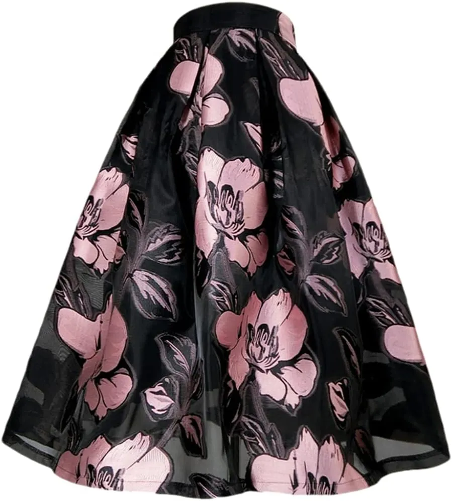 Women Vintage High Waist Pleated Midi Skirt Pink Floral Embroidery Skirt