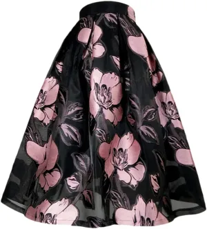 Women Vintage High Waist Pleated Midi Skirt Pink Floral Embroidery Skirt