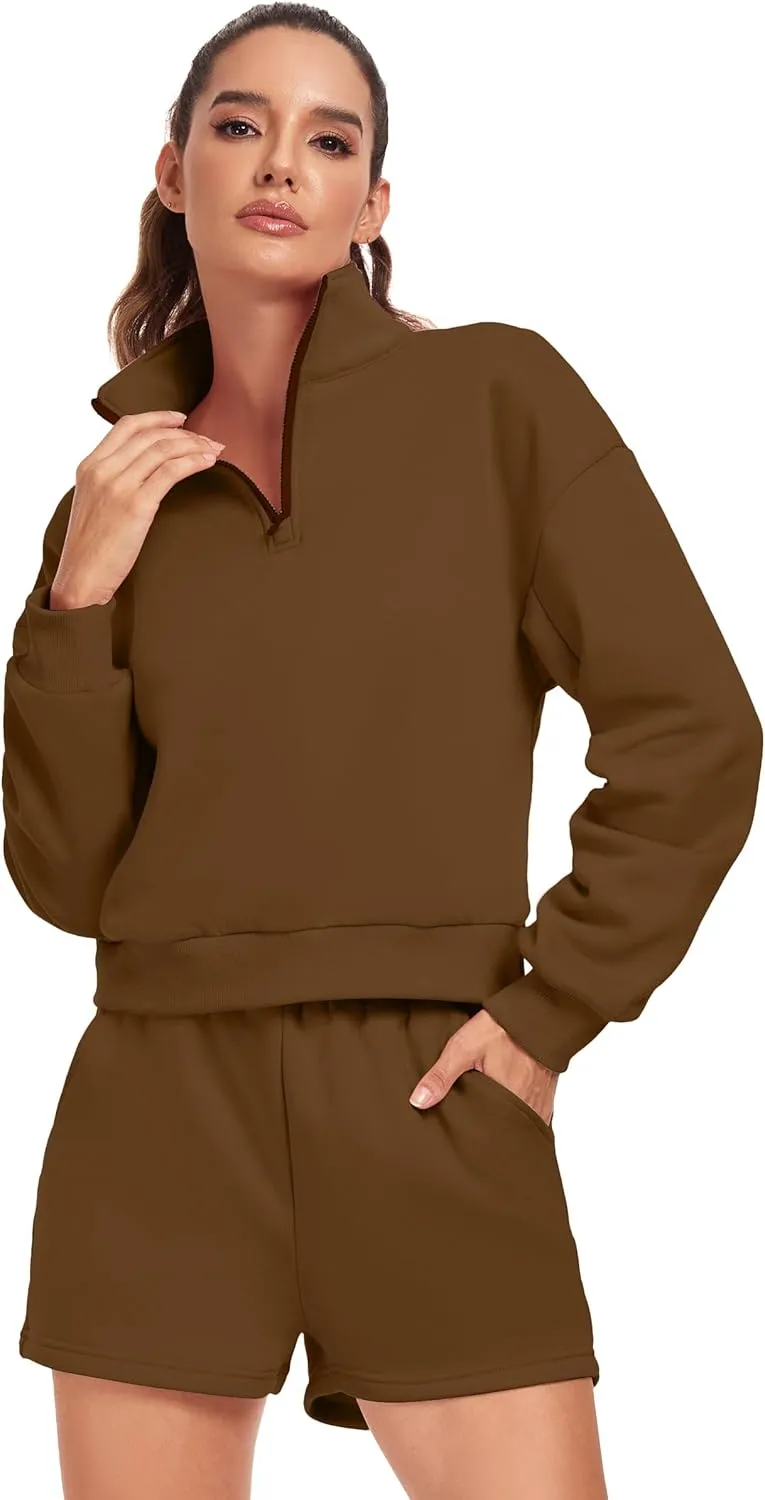 Womens 2 Piece Outfits Oversized Half Zip Sweatshirt Shorts Sweatsuits Casual Tracksuit Lounge Sets