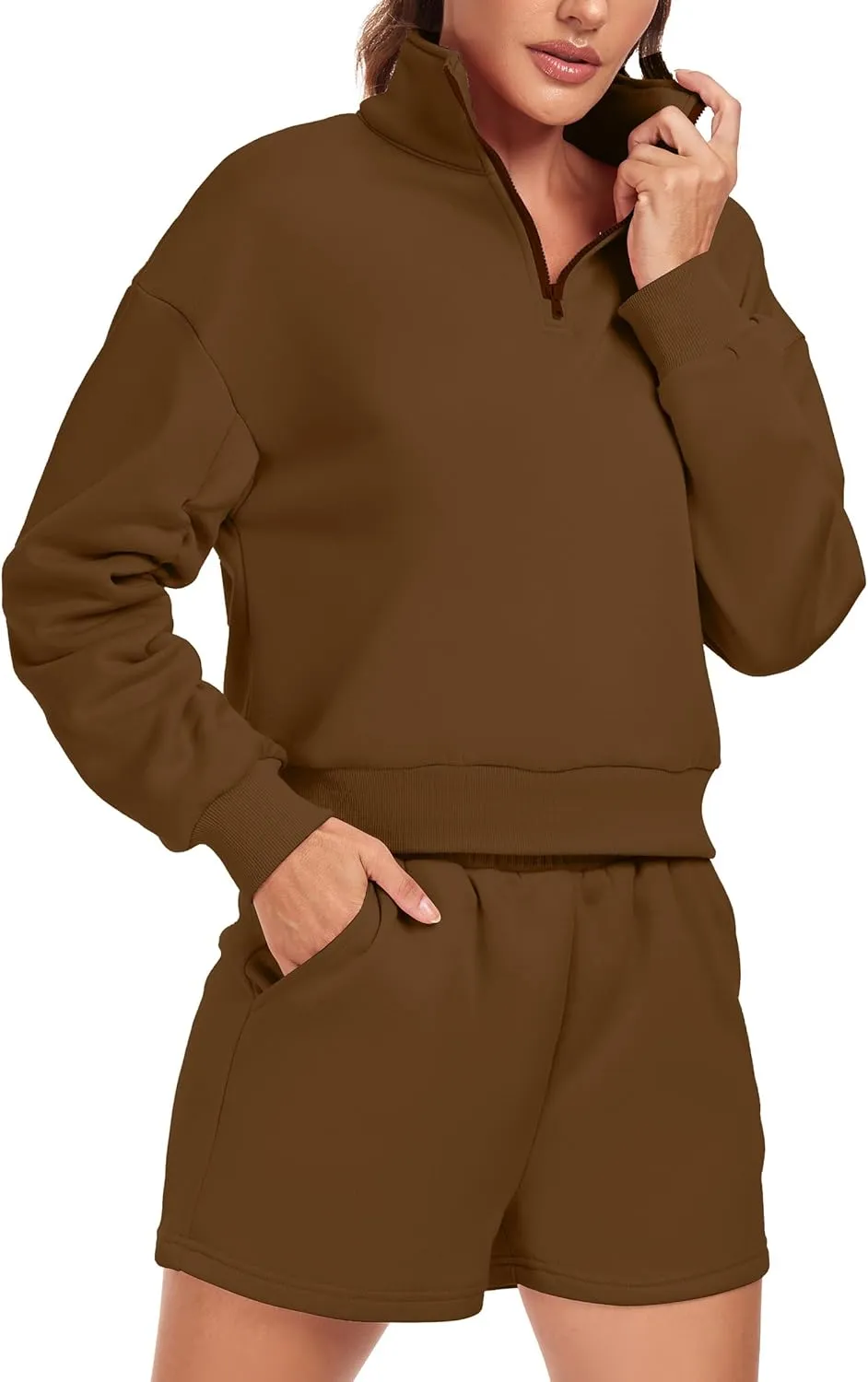 Womens 2 Piece Outfits Oversized Half Zip Sweatshirt Shorts Sweatsuits Casual Tracksuit Lounge Sets