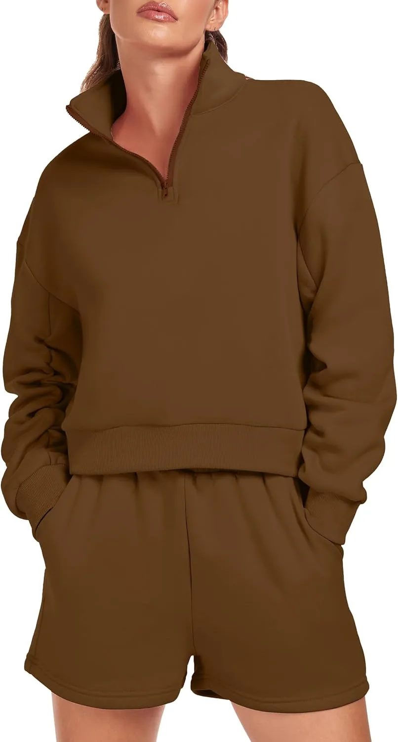 Womens 2 Piece Outfits Oversized Half Zip Sweatshirt Shorts Sweatsuits Casual Tracksuit Lounge Sets