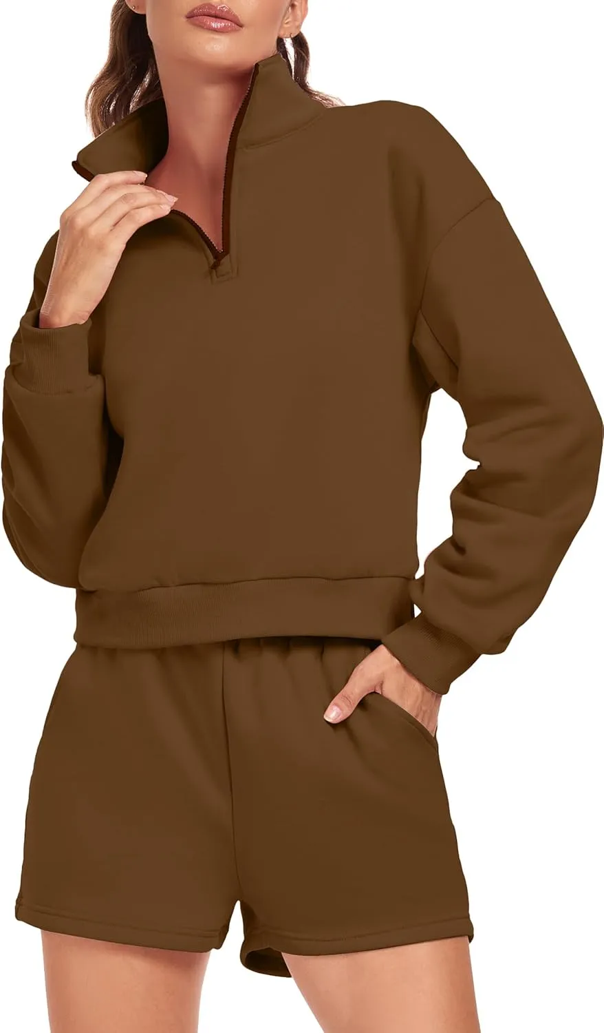 Womens 2 Piece Outfits Oversized Half Zip Sweatshirt Shorts Sweatsuits Casual Tracksuit Lounge Sets