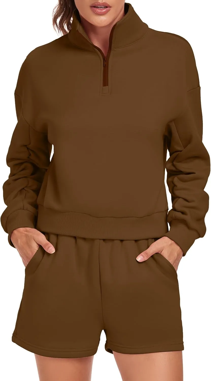 Womens 2 Piece Outfits Oversized Half Zip Sweatshirt Shorts Sweatsuits Casual Tracksuit Lounge Sets