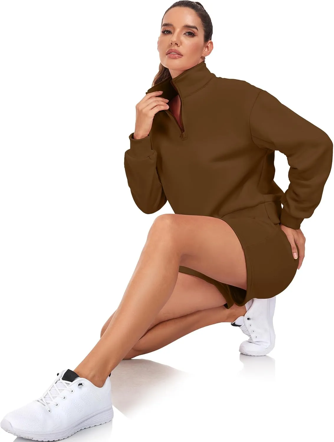 Womens 2 Piece Outfits Oversized Half Zip Sweatshirt Shorts Sweatsuits Casual Tracksuit Lounge Sets