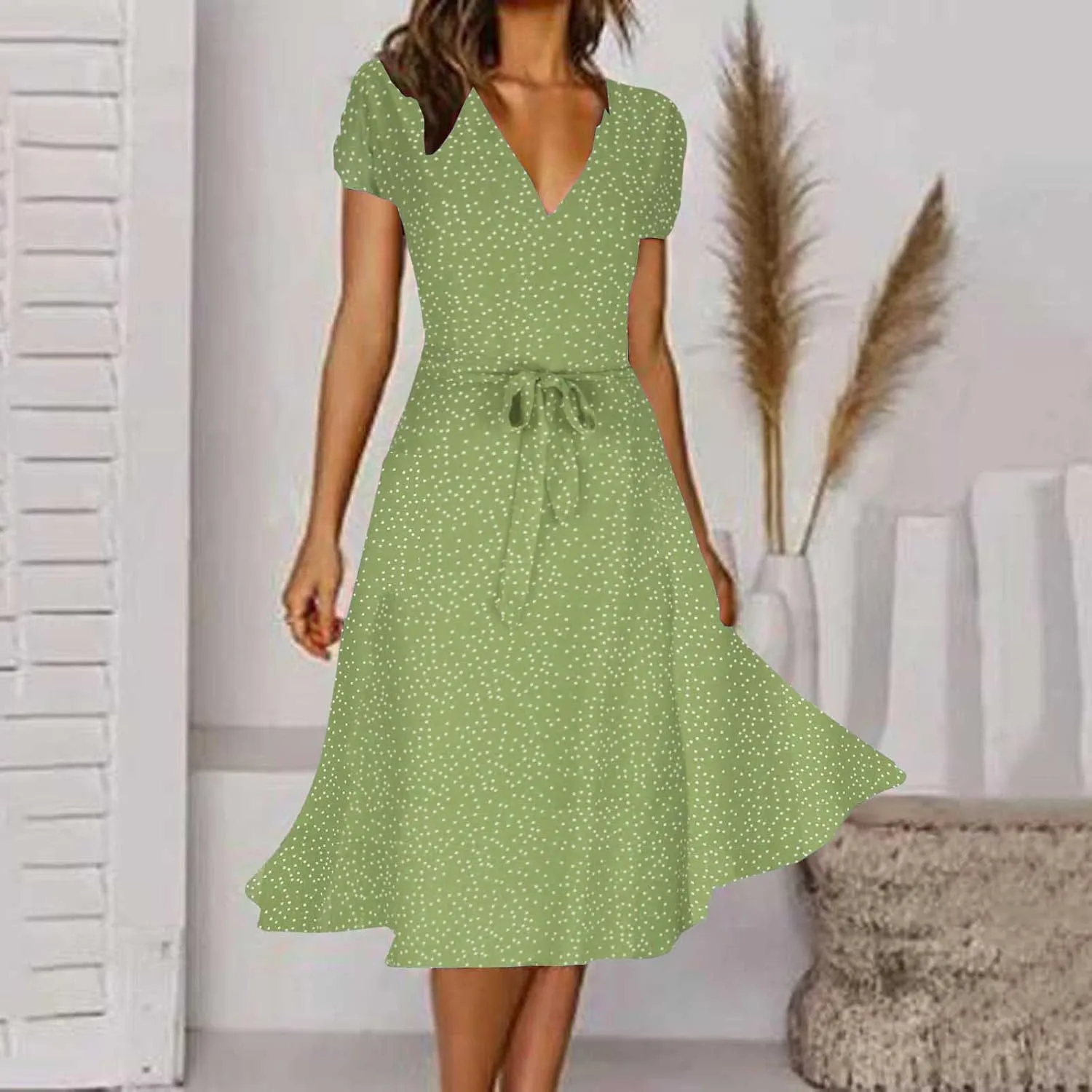 Women's 2024 Summer Casual Boho Sundress Polka Dot Short Sleeve V Neck Flowy Midi Dresses Chiffon Beach Dress